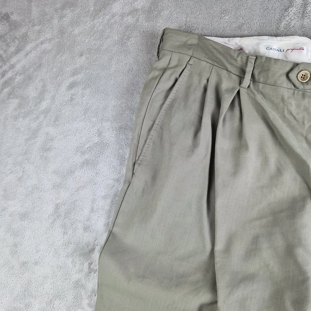 Canali Proposta Mens Wool Dress Pants Green Pleated 38 Luxury Made In Italy